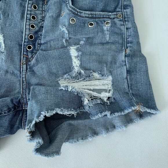 Express Denim Jean Shorts Womens 2 Shortie Vintage High Rise Distressed Metal - Picture 9 of 12